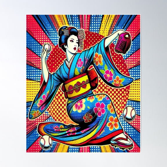 Pop Art Geisha Pitcher Throwing Baseball Poster Wall Art, Modern Wall Decor For Living Room Bedroom, 24x36 UNFRAMED