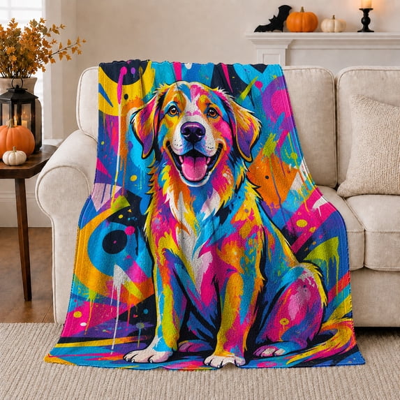 Pop Art Golden Retriever Portrait Sitting Cheerfully Against, Dramatic Pet Portrait Pattern, Warm Flannel Blanket for Living Room and Bedroom, Dog Lovers Just Because Gift, Pet Lover Home Decor