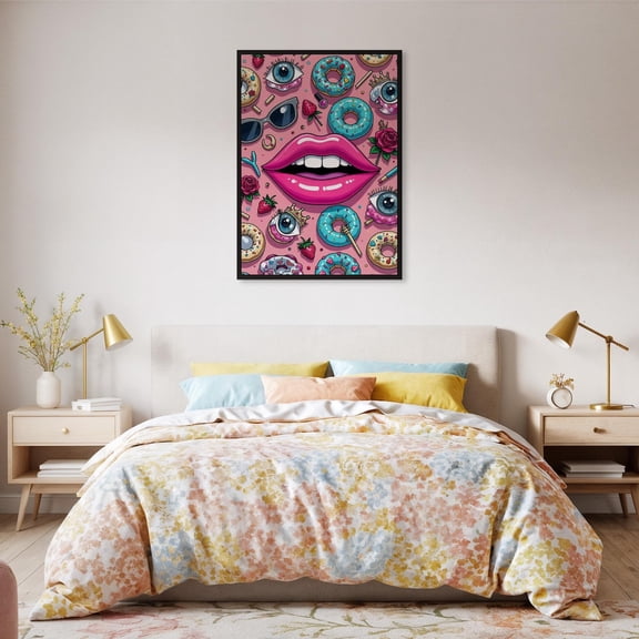 Pop Art Lips Eyes Donut Poster Colorful Surreal Collage Whimsical Modern Wall Decor Teen Room Or Bold Interiors Design1 Poster, Unframed Size 16x24