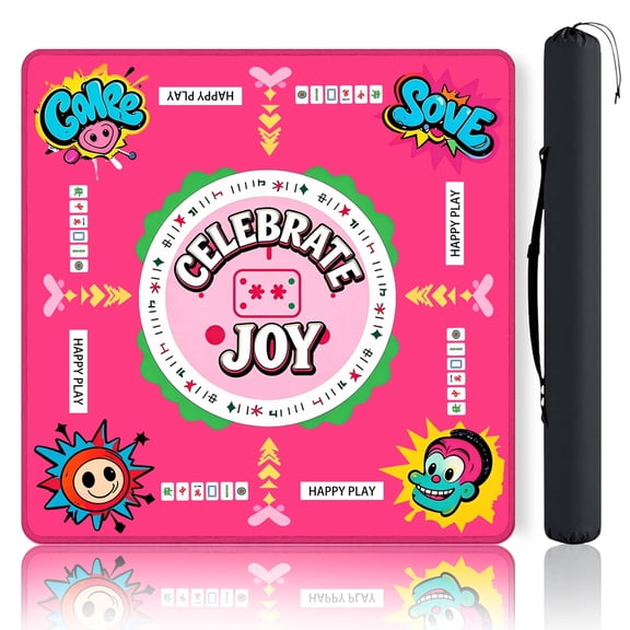 Pop Art Pink Mahjong Mat(31.5x31.5 Inch),Bold Graffiti Style Celebrate Joy Mahjong Game Pad with Cute Smiley Faces & Tile Elements, Funky Non-Slip Noise Reduction Mat for Game Nights