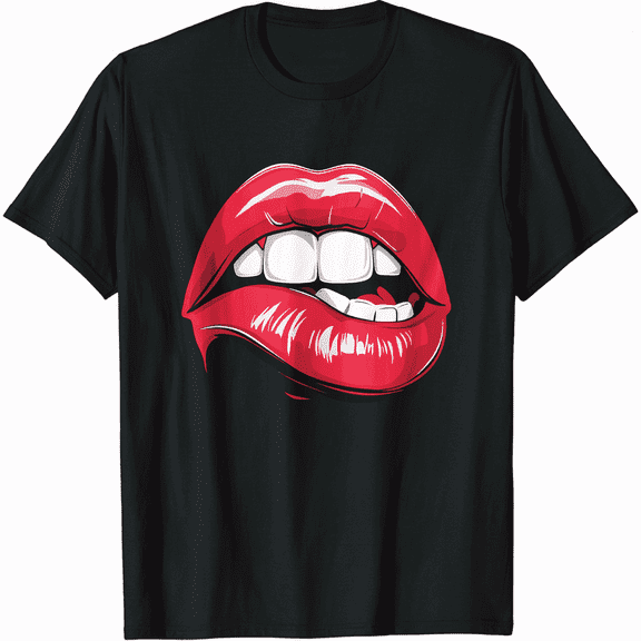 Pop Art Red Lips Biting Graphic for Women Casual Short Sleeve Tee Shirt