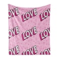 thumbnail image 1 of Pop Art Soft Flannel Fleece Blanket, Rhythmic Lettering Love with Polka Dots and Hearts in Retro Style Print, Cozy Plush for Indoor and Outdoor Use, 70" x 90", Baby Pink and Hot Pink, by Ambesonne, 1 of 5