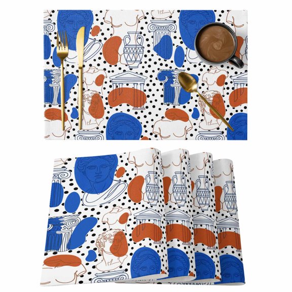 Pop Art Style Cotton Linen Placemats Set of 12, Blue Red Classical Sculptural Heads Polka Dot Washable Table Place Mats Heat Insulating Placemat for Dining Room Kitchen Daily Use 13 x 19 Inch