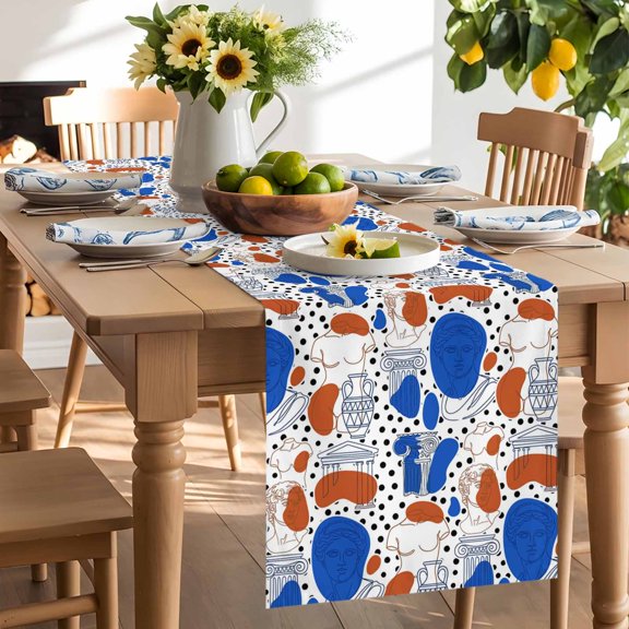 Pop Art Style Table Runner, Blue Red Classical Sculptural Heads Polka Dot Washable Kitchen Table Runners Dress Scarves for Dining Table Decorations Party/Restaurant/Indoor Outdoor Use, 13x48in