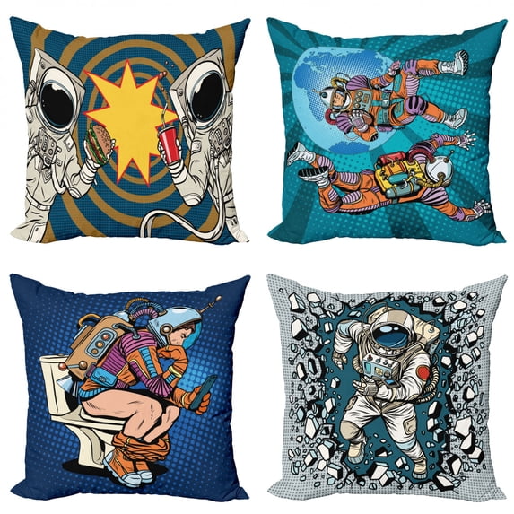 Ambesonne Pop Art Throw Pillow Cover 4 Pack, Retro Funny Astronaut Comic, 16", Multicolor