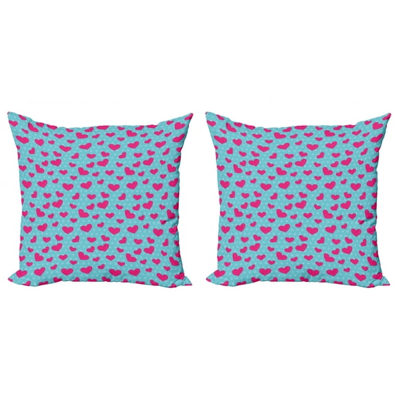Ambesonne Retro Throw Pillow Cover 2 Pack, Pink Heart on Polka Dots, 18", Hot Pink and Turquoise
