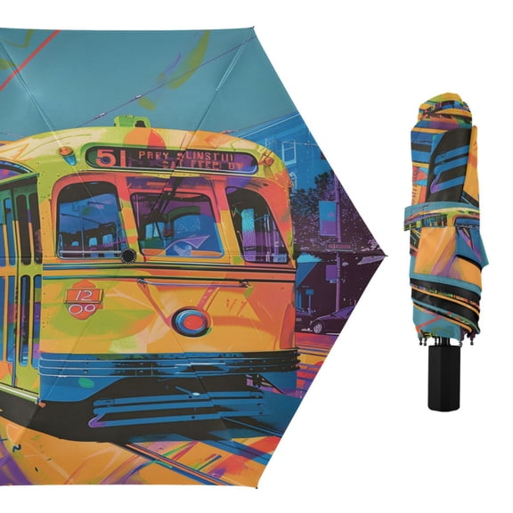 Pop Art Trolley Compact Sun Umbrella Windproof Travel Umbrellas for Rain Strong Portable UV Protection