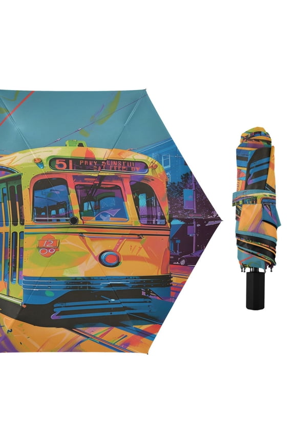 Pop Art Trolley Compact Sun Umbrella Windproof Travel Umbrellas for Rain Strong Portable UV Protection
