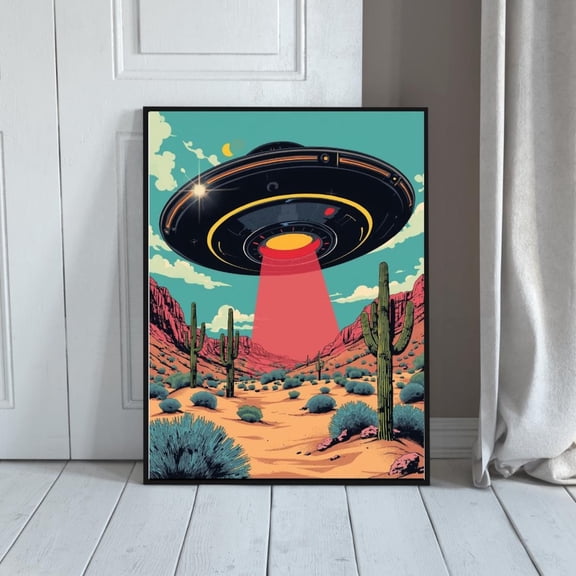 Pop Art UFO Wall Art, Retro Alien Spaceship Poster, Colorful Sci-Fi Decor, Unframed Paper Poster 24x36in