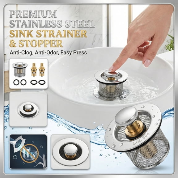 Pop Up Bathroom Sink Drain, 304 Stainless Steel, Brass Core, 1.3in1.6inOpening, Catcher Drain Filter, Universal Basin Replacement, Chrome Finish, 1 Pc