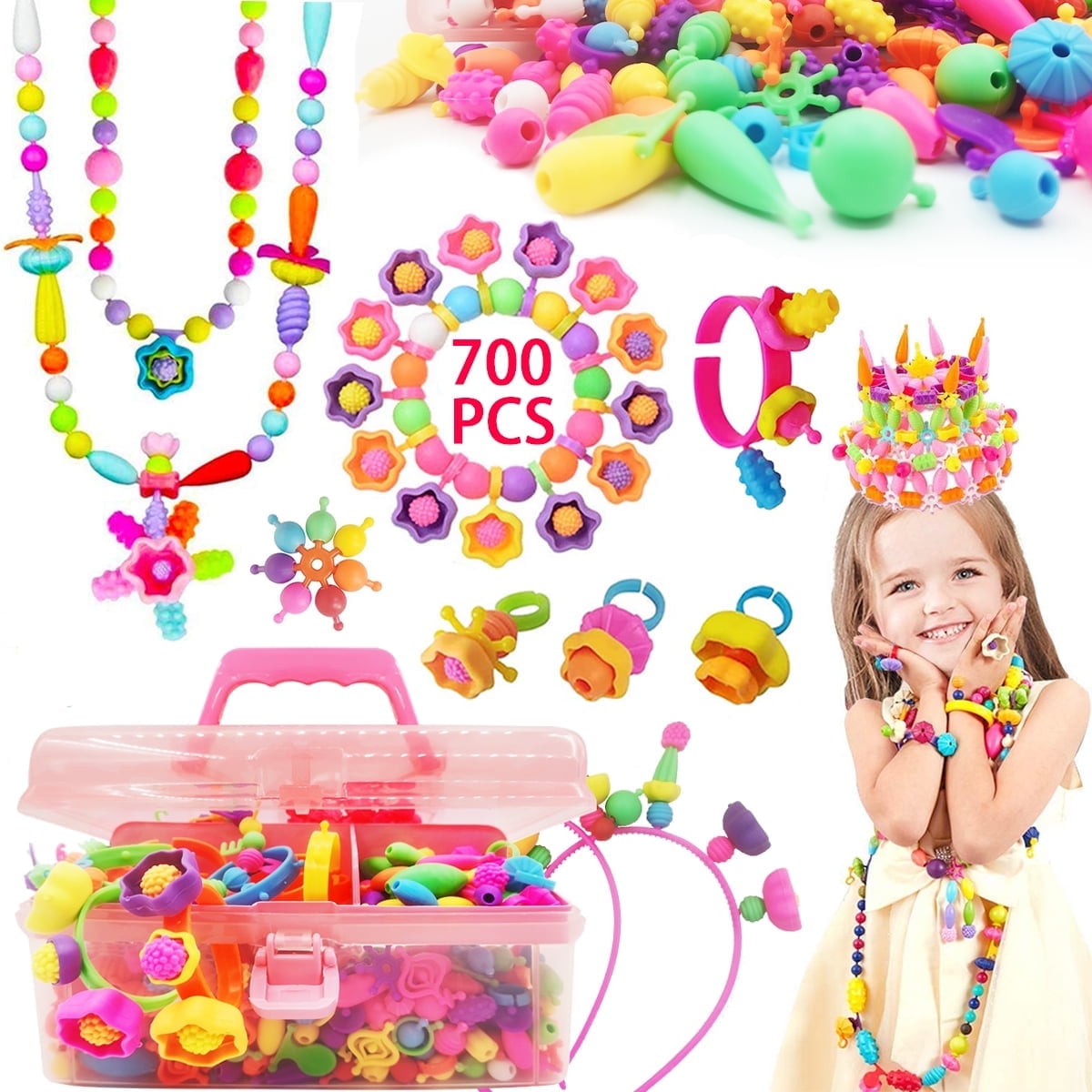 Somnr Pop Beads, 700+ Pcs Jewelry Making Kit, DIY Arts and Crafts for Age 3+Year Old Girls, Kids Creative DIY Set with Necklace, Bracelet, Rings