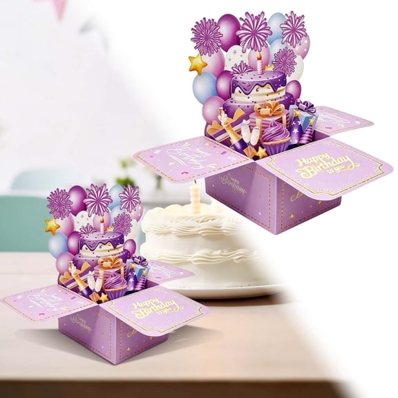 Pop Up Birthday Box Card Decor, Purple Glitter Character Design Display, Multi Age Greeting Keepsake Accent, Gold Foil Decorative Celebration Card, Festive Greeting Ornament