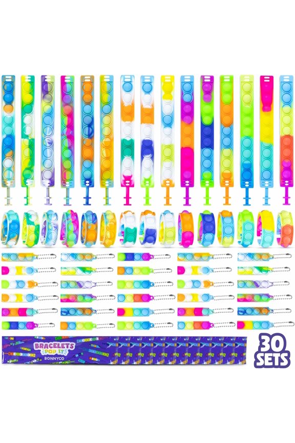 Pop It Bracelets And Keychains Party Favor Set, 30 Pack Silicone Fidget Toys, Assorted Colors, For Kids Birthday Goodie Bags, Pinata Fillers, Classroom Prizes