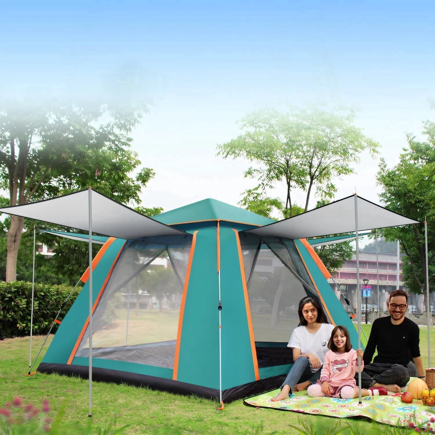 Pop up Canopy Big Instant Camping Tent, Green 4-5 Person Family Tents for Camping with 4 Doors, 7.87'x7.87'x5.1' Anti-UV Waterproof Easy Setup Camping Tent for Beach Picnic Hiking Outdoor Backpacking