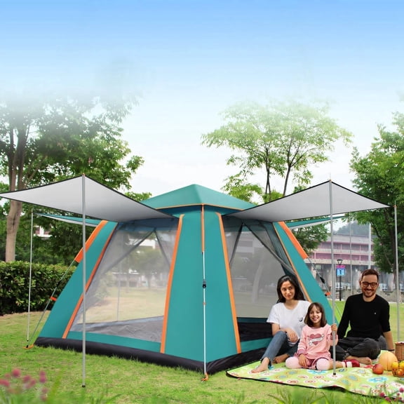 Pop up Canopy Big Instant Camping Tent, Green 4-5 Person Family Tents for Camping with 4 Doors, 7.87'x7.87'x5.1' Anti-UV Waterproof Easy Setup Camping Tent for Beach Picnic Hiking Outdoor Backpacking