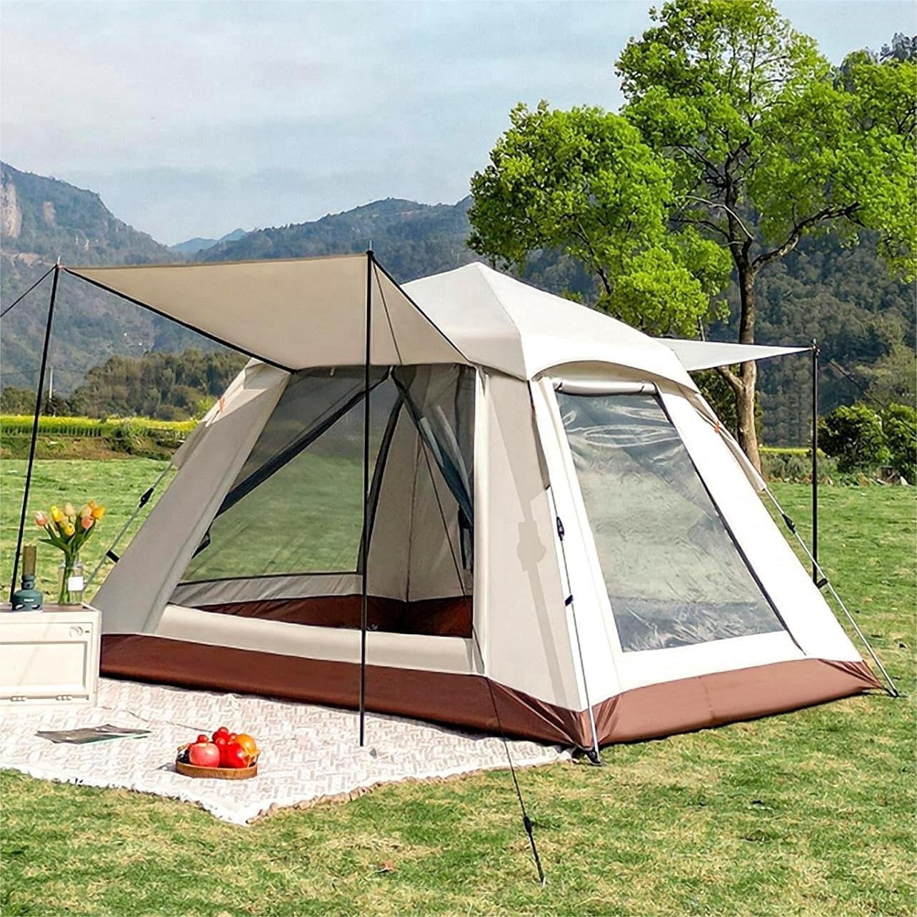 Pop up Canopy Large Instant Camping Tent,Beige 4-5 Person Family Tents for Camping with 4 Doors,7.87'x7.87'x5.1' Anti-UV Waterproof Easy Setup Camping Tent for Outdoor Beach Picnic Hiking Backpacking