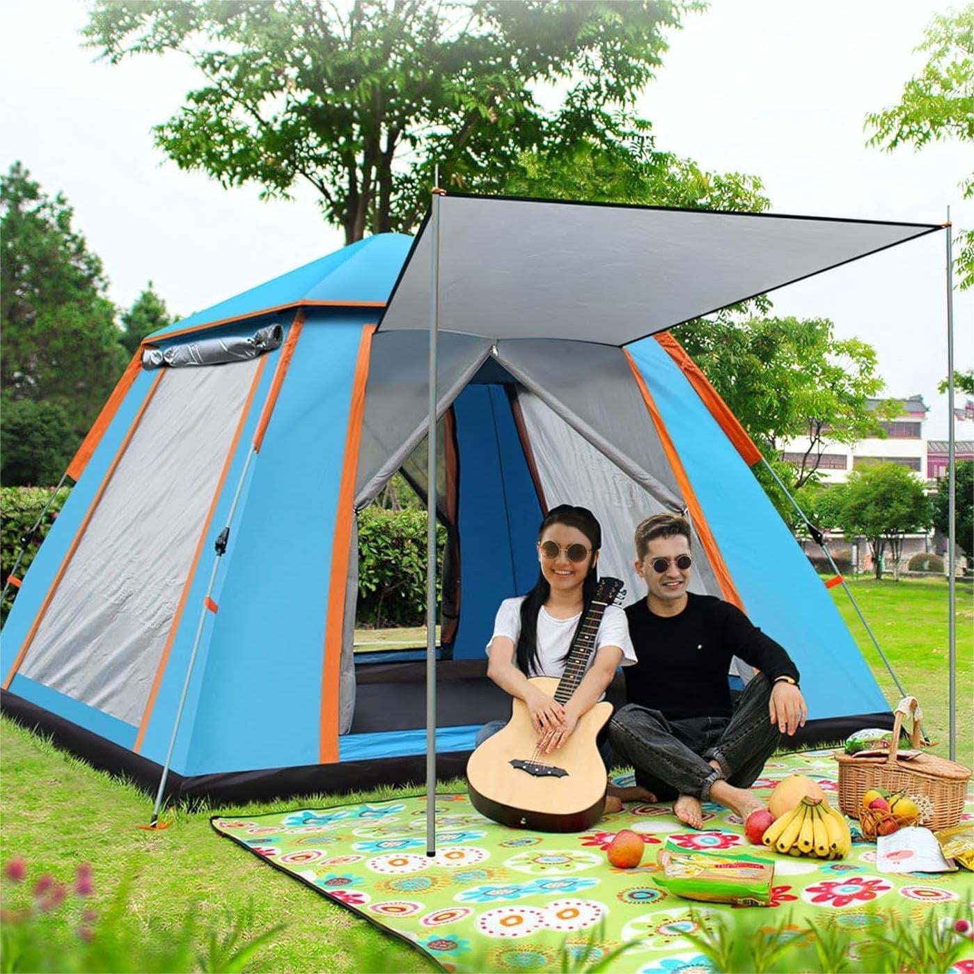 Pop up Canopy Large Instant Camping Tent, Blue 4-5 Person Family Tents for Camping with 4 Doors,7.87'x7.87'x5.1' Anti-UV Waterproof Easy Setup Camping Tent for Outdoor Beach Picnic Hiking Backpacking