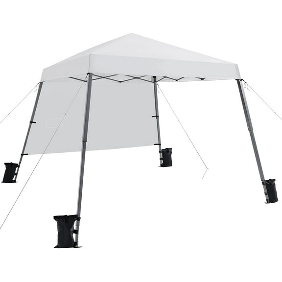 Pop Up Canopy Tent with Backpack, 10x10 Base Portable Easy One Person Setup Folding Shelter Compact Lightweight Slant Leg Canopy with 1 Sidewall, 8x8 Top, Silver-Coated White
