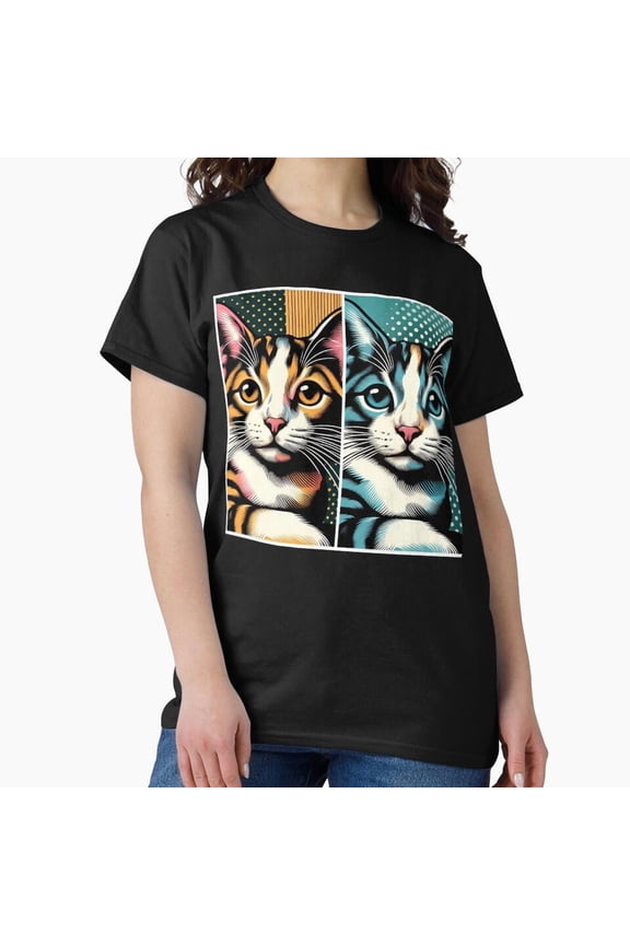 Pop Cat Duo Split-Color Bold Feline Artwork Unisex T-Shirt, up to size 5XL