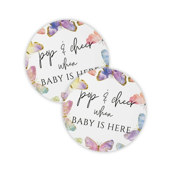 Pop and Cheer When Baby is Here Butterly Hang Tag 30pk 2.5 Circle Rainbow Floral Cards Stickers Modern Minimalist Champagne Tags Baby Shower Party Favors