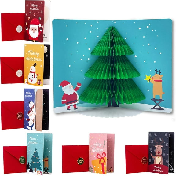Pop Up Christmas Cards with Envelopes Sealing Stickers, Sets of 6 Fun 3D Honeycomb Xmas Cards, Cute Merry Christmas Card Holiday Greeting Gift for Kids Children Friends