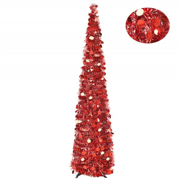 Pop Up Christmas Tinsel Tree with Lights - Collapsible Colorful Sequin Artificial Christmas Pencil Trees Decorations for Home Apartment Party Indoor Outdoor (5 Foot - Red)