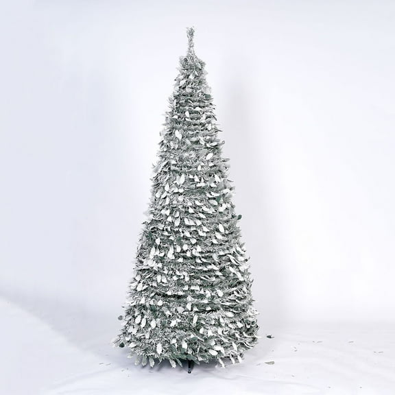 Pop Up Christmas Tree with Bows & Balls,5Ft Collapsible Green Tinsel Christmas Tree Decoration,Easy-Assembly Coastal Glitter Tinsel Pencil Tree for Holiday Xmas Home office Decor