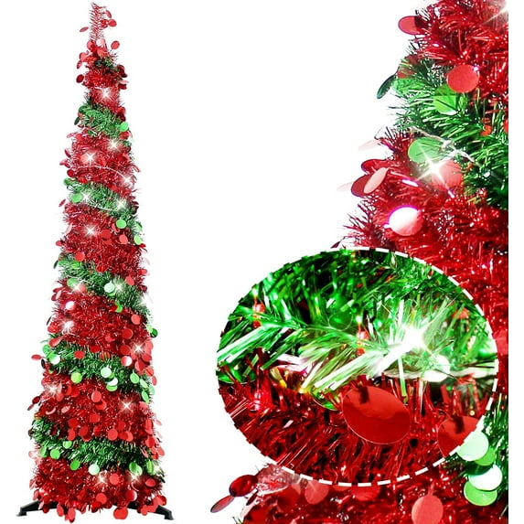 Pop up Christmas Tree for Indoor Decoration, Pre-lit Mini Halloween Tree with 60 Lights,Black Artificial Pencil Tree Collapsible Tinsel Lighted up Christmas Tree