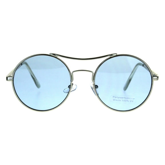 Pop Color Hippie Groovy Circle Round Lens Top Bridge Sunglasses Silver Blue