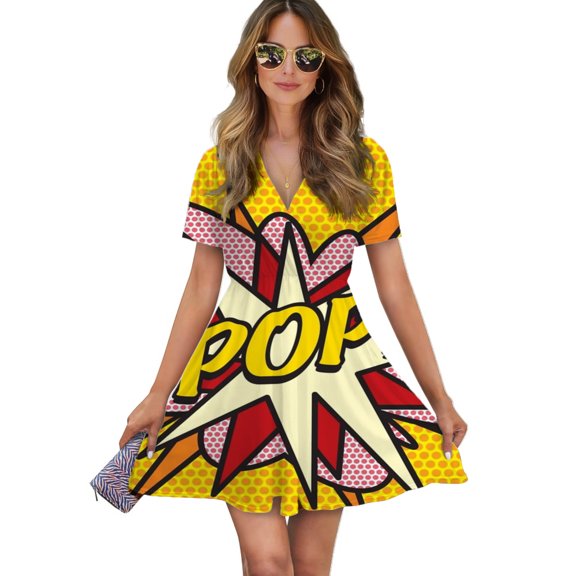 Pop Comic Book Pop Art Cool Retro Trendy Women Dress V-Neck Short Sleeve Flowy Swing Party Midi Dress