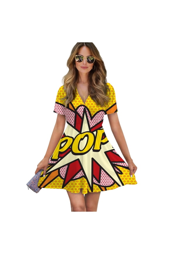 Pop Comic Book Pop Art Cool Retro Trendy Women Dress V-Neck Short Sleeve Flowy Swing Party Midi Dress