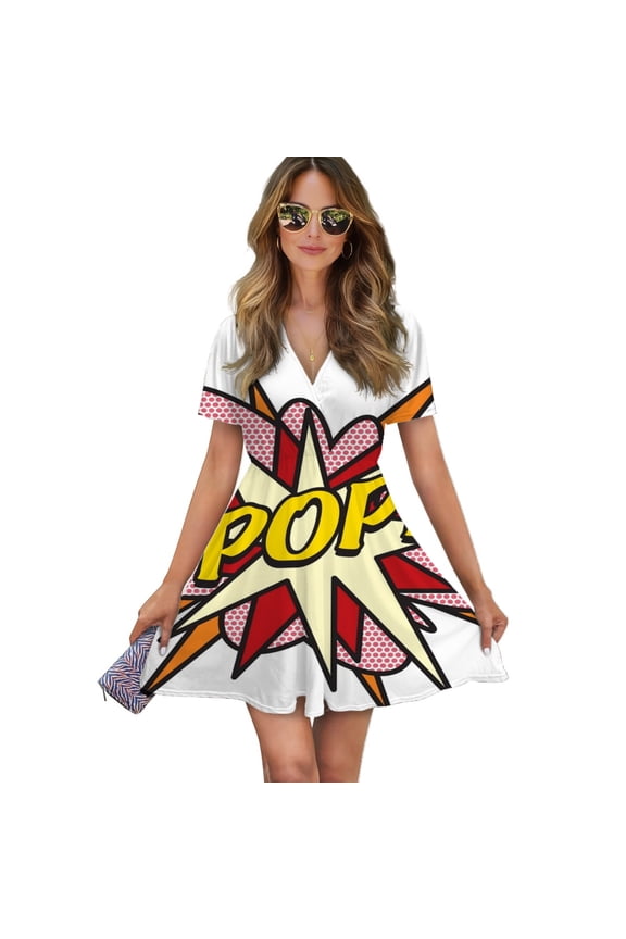 Pop Comic Book Pop Art Flash Cool Graphic Women Dress V-Neck Short Sleeve Flowy Swing Party Midi Dress