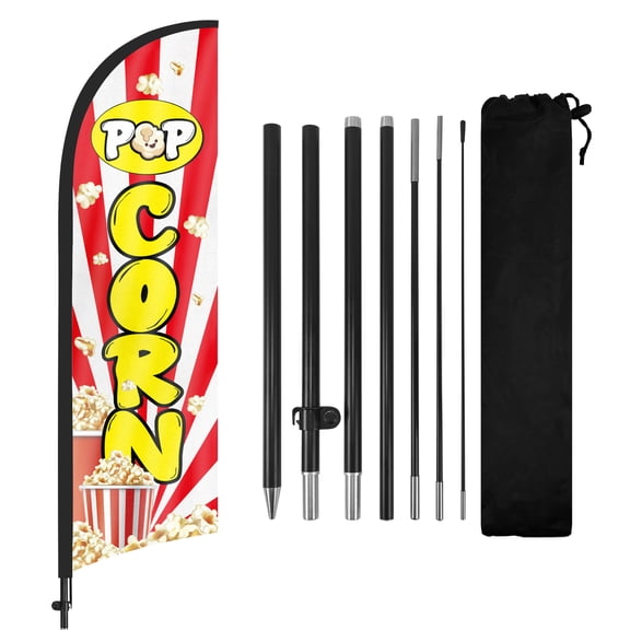 Pop Corn Advertising Feather Flags Banner 8Ft, Pop Corn Swooper Flag with Pole and Ground Stake, Advertising Feather Flag Signs for Pop Corn Business