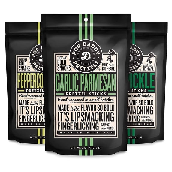 Pop Daddy Flavored Pretzels Sticks, Gourmet Pretzels, 7.5oz Variety Pack, 3 Pack, Garlic Parmesan, Peppercorn Ranch and Dill Pickle