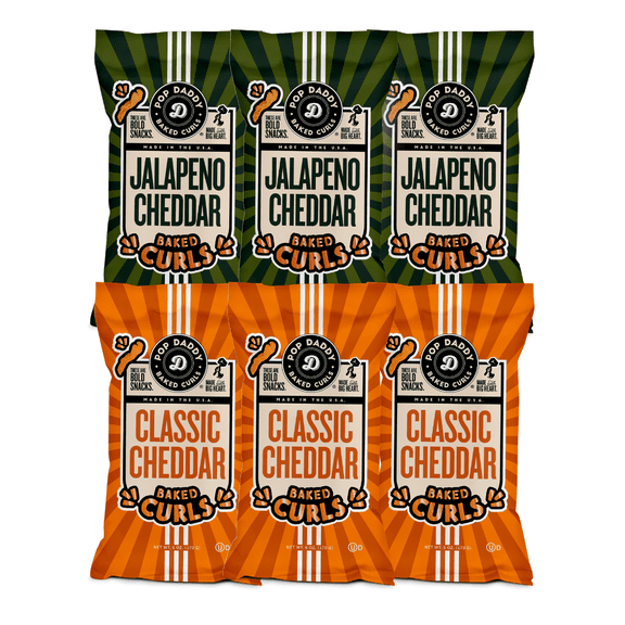 Pop Daddy Baked Curls Variety Pack, 6oz Cheese Curls Snack Pack Snacks, Gluten Free-Friendly, 6 Pack, Classic Cheddar & Jalapeo