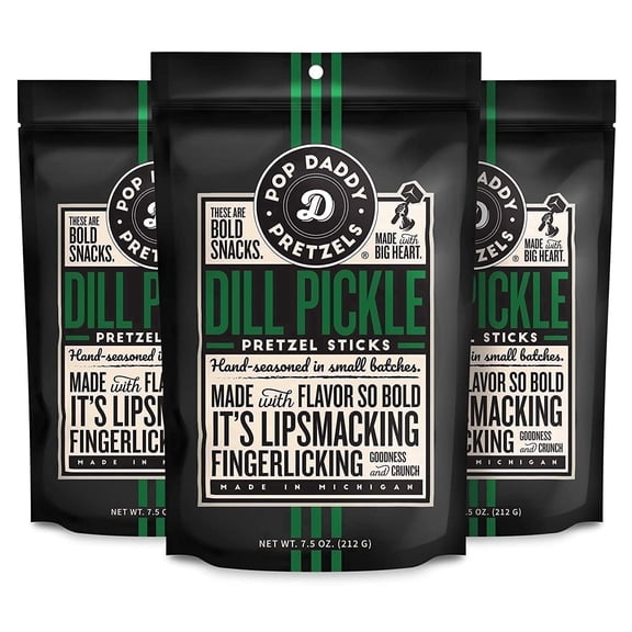 Pop Daddy Flavored Pretzels Sticks, Gourmet Pretzels Snacks, 7.5oz Individual Bags, 3 Pack, Dill Pickle