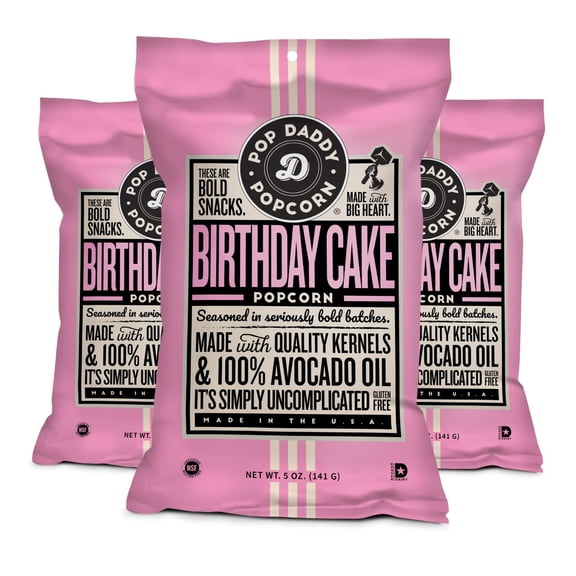 Pop Daddy Flavored Popcorn Gourmet, Birthday Cake Flavor Popped Popcorn, Hand Seasoned Kernels, Gluten Free Healthy Popcorn Snacks, 5oz Individual Bags, 3 Pack