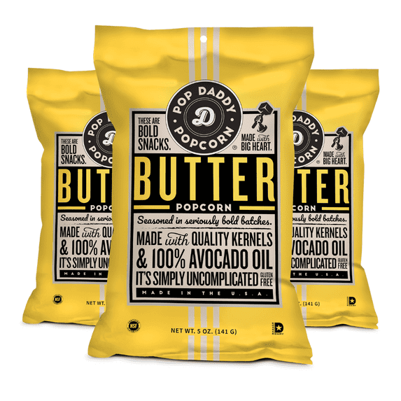 Pop Daddy Flavored Popcorn Gourmet, Butter Flavor Popped Popcorn, Hand Seasoned  Kernels, Gluten Free Healthy Popcorn Snacks, 5oz Individual Bags, 3 Pack