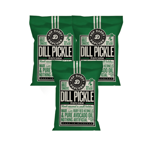 Pop Daddy Flavored Popcorn Gourmet, Dill Pickle Popcorn. 2 oz individual Bags. 3 packs Gluten Free