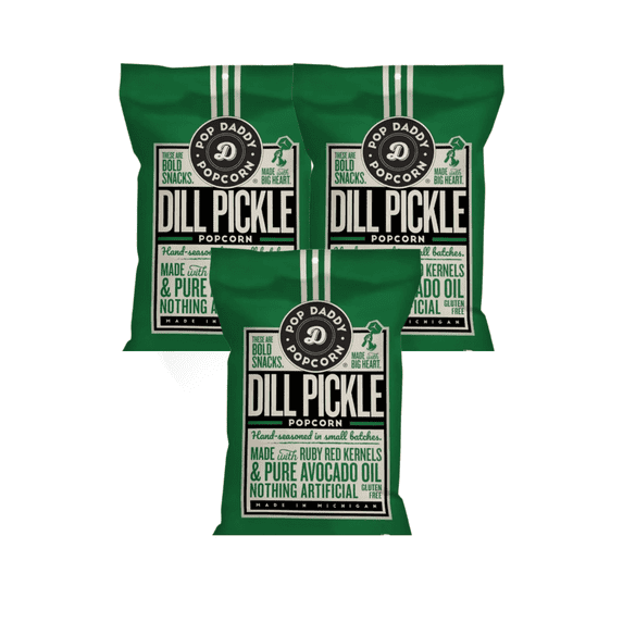 Pop Daddy Flavored Popcorn Gourmet, Dill Pickle Popcorn. 2 oz individual Bags. 3 packs Gluten Free