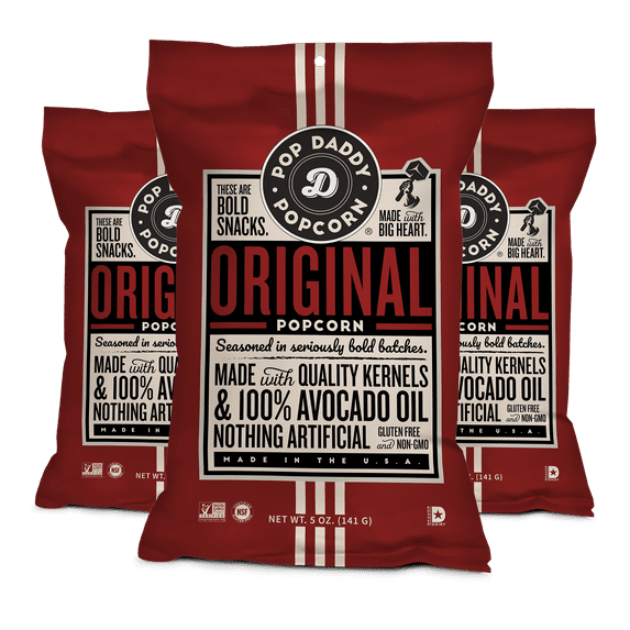 Pop Daddy Flavored Popcorn Gourmet, Original Flavor Popped Popcorn, Hand Seasoned Ruby Red Kernels, Gluten Free Healthy Popcorn Snacks, 5oz Individual Bags, 3 Pack