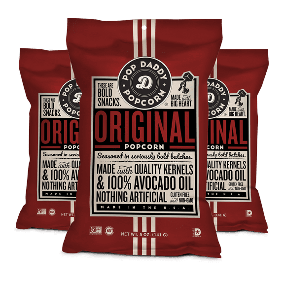 Pop Daddy Flavored Popcorn Gourmet, Original Flavor Popped Popcorn, Hand Seasoned Ruby Red Kernels, Gluten Free Healthy Popcorn Snacks, 5oz Individual Bags, 3 Pack
