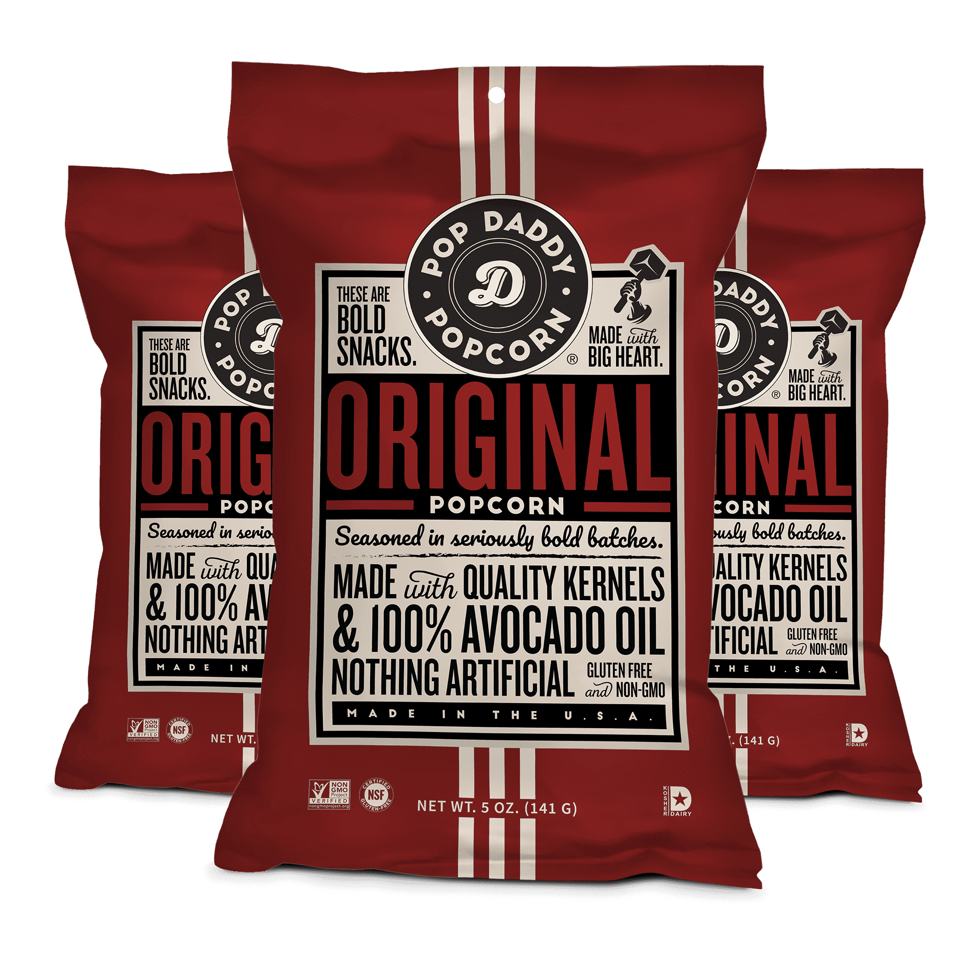 Pop Daddy Flavored Popcorn Gourmet, Original Flavor Popped Popcorn, Hand Seasoned Kernels, Gluten Free  Popcorn Snacks, 5oz Individual Bags, 3 Pack