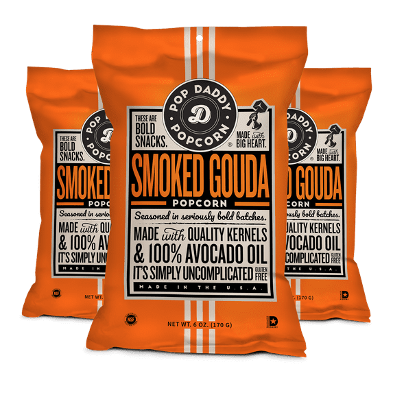Pop Daddy Flavored Popcorn Gourmet, Smoked Gouda Flavor Popped Popcorn, Hand Seasoned Kernels, Gluten Free Healthy Popcorn Snacks, 6oz Individual Bags, 3 Pack