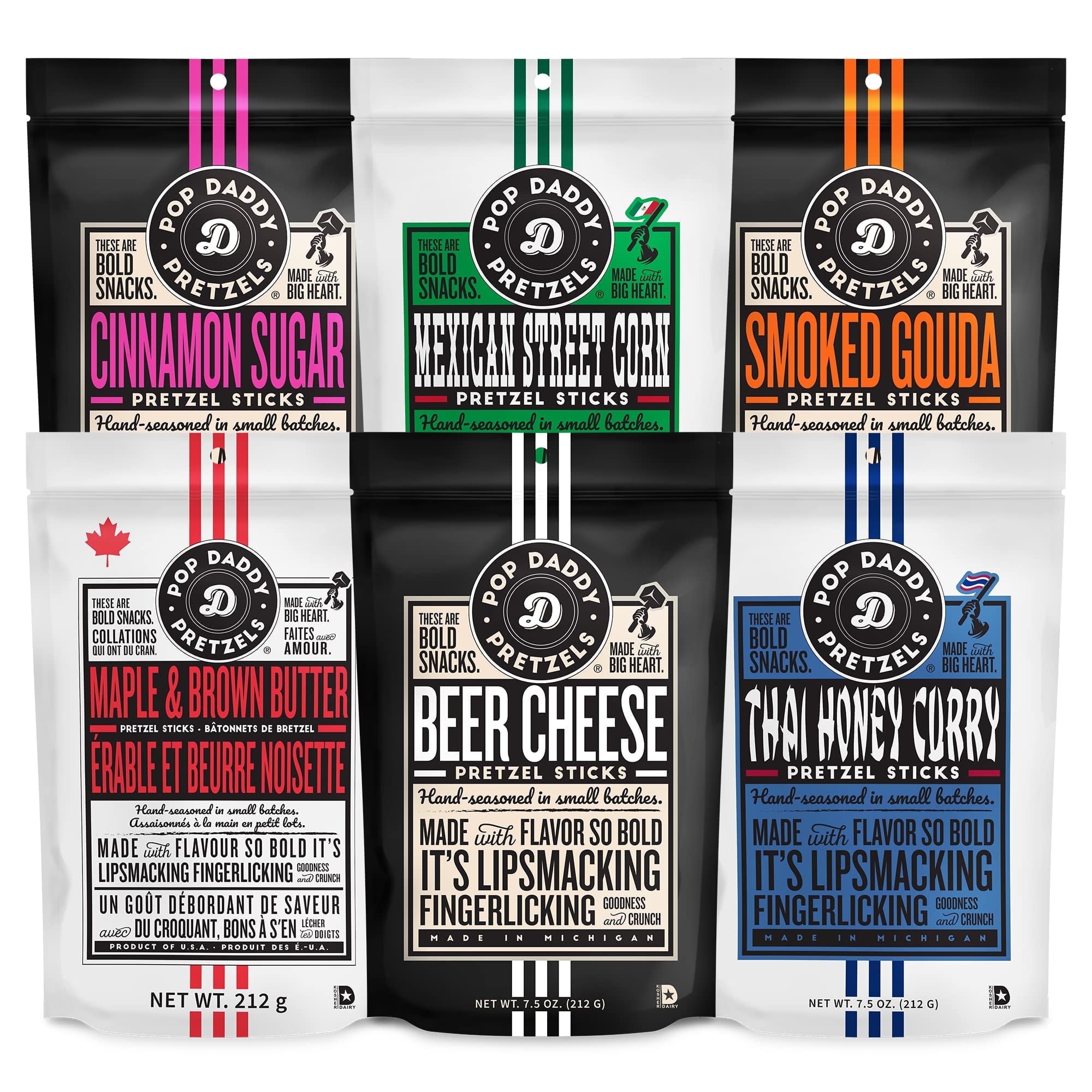 Pop Daddy Flavored Pretzel Sticks, Healthy Gourmet Pretzels, 7.5oz Variety Pack, 6 Pack, Thai Honey Curry, Maple & Brown Butter, Mexican Street Corn, Beer Cheese, Cinnamon, Smoked Gouda