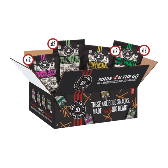 Pop Daddy Flavored Pretzel Sticks, gourmet pretzel snack packs, 1.5oz variety pk, 48 pk, Garlic Parmesan, Dill Pickle, Yellow Mustard, Cinnamon Sugar