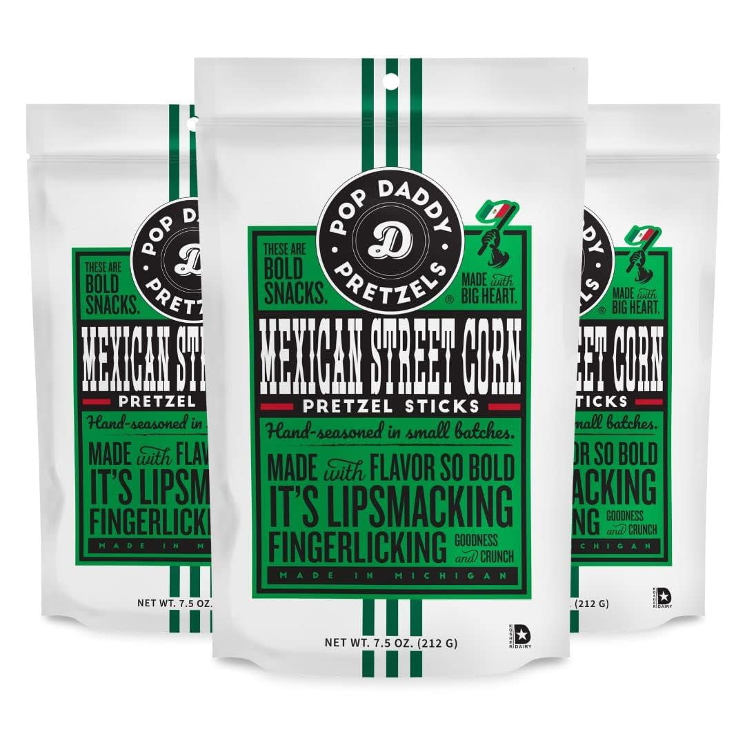 Pop Daddy Flavored Pretzels DMF15 Sticks, Healthy Gourmet Pretzels Snacks, 7.5oz Individual Bags, 3 Pack, Mexican Street Corn