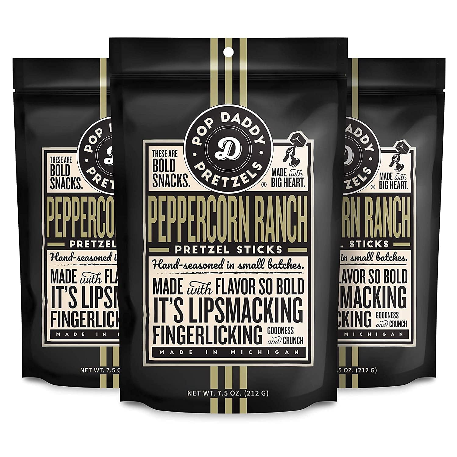 Pop Daddy Flavored Pretzels DMF15 Sticks, Healthy Gourmet Pretzels Snacks, 7.5oz Individual Bags, 3 Pack, Peppercorn Ranch