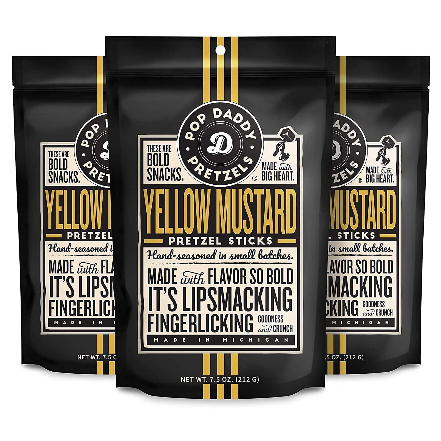 Pop Daddy Flavored Pretzels MZF22 Sticks, Healthy Gourmet Pretzels Snacks, 7.5oz Individual Bags, 3 Pack, Yellow Mustard