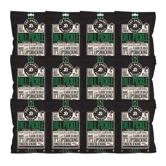 Pop Daddy Flavored Pretzels Sticks, Dill Pickle Flavor, 3oz Gourmet Pretzels Snacks, 12 Pack